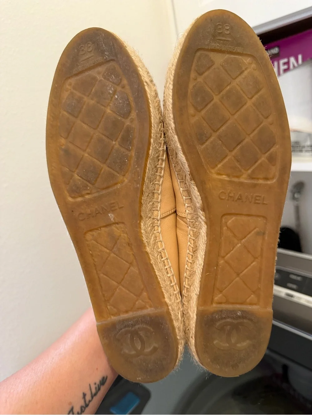 Authentic  CHANEL Beige and Black Leather Espadrille Slip-Ons